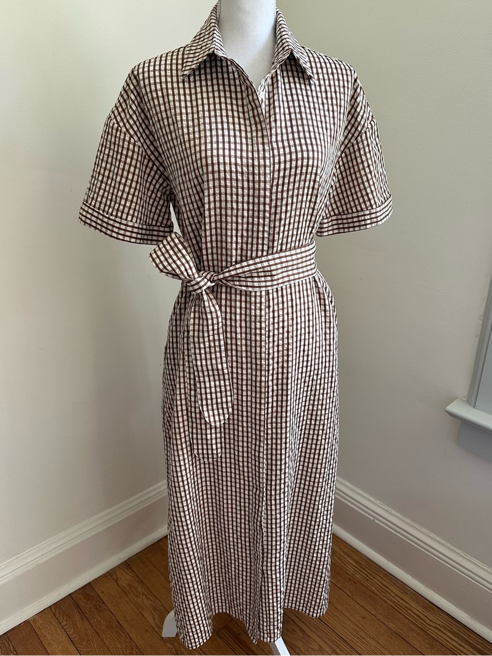 Tuckernuck Pomander Place Brown and Cream Gingham Seersucker Maxi Shirt Dress S - Picture 9 of 12